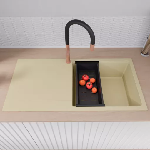 HD Onyx Beige 100 egymedencés gránit mosogatótálca szett, csepegtetőtálcával, vágódeszkával, matt fekete csepegtetőráccsal és kosárral, soft bézs színben, szálcsiszolt réz leeresztő szifonnal