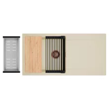 HD Onyx Beige 100 egymedencés gránit mosogatótálca szett, csepegtetőtálcával, vágódeszkával, matt fekete csepegtetőráccsal és krómozott kosárral, soft bézs színben, szálcsiszolt réz leeresztő szifonnal