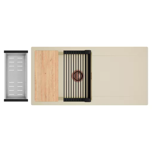 HD Onyx Beige 100 egymedencés gránit mosogatótálca szett, csepegtetőtálcával, vágódeszkával, matt fekete csepegtetőráccsal és krómozott kosárral, soft bézs színben, szálcsiszolt réz leeresztő szifonnal