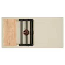 HD Onyx Beige 100 egymedencés gránit mosogatótálca szett, csepegtetőtálcával, vágódeszkával, matt fekete csepegtetőráccsal, soft bézs színben, szálcsiszolt réz leeresztő szifonnal