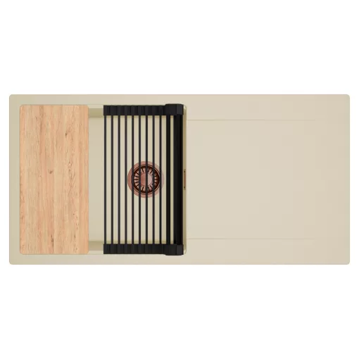 HD Onyx Beige 100 egymedencés gránit mosogatótálca szett, csepegtetőtálcával, vágódeszkával, matt fekete csepegtetőráccsal, soft bézs színben, szálcsiszolt réz leeresztő szifonnal