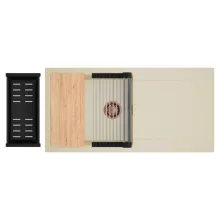 HD Onyx Beige 100 egymedencés gránit mosogatótálca szett, csepegtetőtálcával, vágódeszkával, acél csepegtetőráccsal és matt fekete kosárral, soft bézs színben, szálcsiszolt réz leeresztő szifonnal