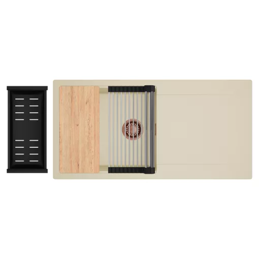 HD Onyx Beige 100 egymedencés gránit mosogatótálca szett, csepegtetőtálcával, vágódeszkával, acél csepegtetőráccsal és matt fekete kosárral, soft bézs színben, szálcsiszolt réz leeresztő szifonnal