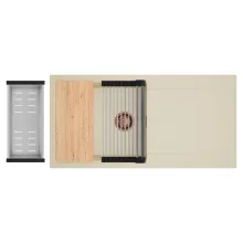 HD Onyx Beige 100 egymedencés gránit mosogatótálca szett, csepegtetőtálcával, vágódeszkával, acél csepegtetőráccsal és kosárral, soft bézs színben, szálcsiszolt réz leeresztő szifonnal