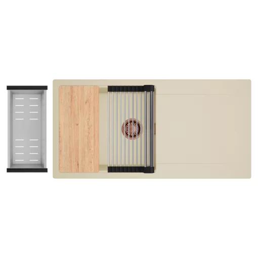 HD Onyx Beige 100 egymedencés gránit mosogatótálca szett, csepegtetőtálcával, vágódeszkával, acél csepegtetőráccsal és kosárral, soft bézs színben, szálcsiszolt réz leeresztő szifonnal