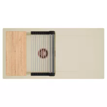 HD Onyx Beige 100 egymedencés gránit mosogatótálca szett, csepegtetőtálcával, vágódeszkával, acél csepegtetőráccsal, soft bézs színben, szálcsiszolt réz leeresztő szifonnal