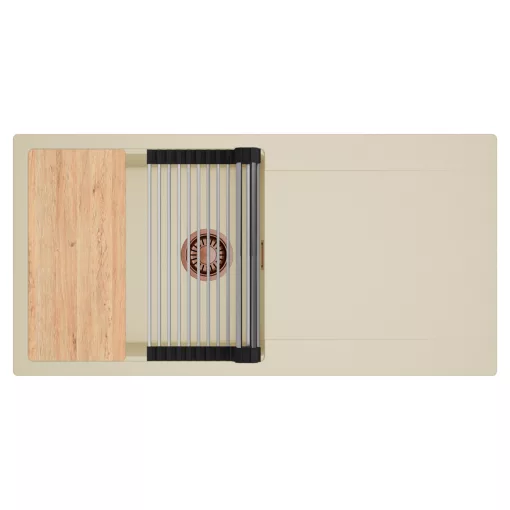 HD Onyx Beige 100 egymedencés gránit mosogatótálca szett, csepegtetőtálcával, vágódeszkával, acél csepegtetőráccsal, soft bézs színben, szálcsiszolt réz leeresztő szifonnal