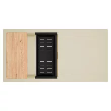 HD Onyx Beige 100 egymedencés gránit mosogatótálca szett, csepegtetőtálcával, vágódeszkával, matt fekete csepegtetőkosárral, soft bézs színben, szálcsiszolt réz leeresztő szifonnal