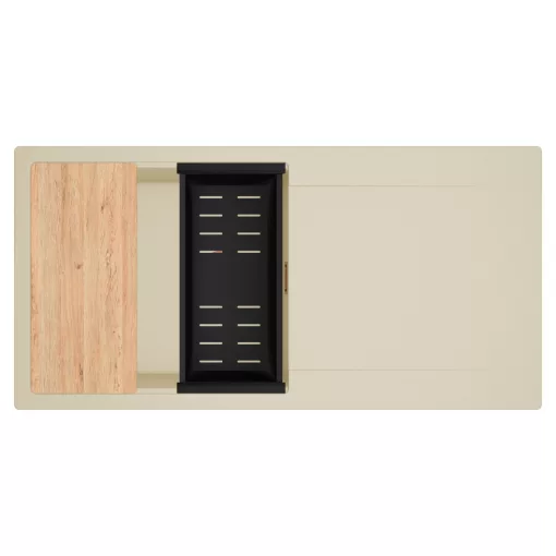 HD Onyx Beige 100 egymedencés gránit mosogatótálca szett, csepegtetőtálcával, vágódeszkával, matt fekete csepegtetőkosárral, soft bézs színben, szálcsiszolt réz leeresztő szifonnal