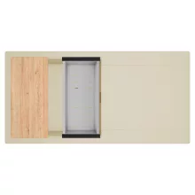 HD Onyx Beige 100 egymedencés gránit mosogatótálca szett, csepegtetőtálcával, vágódeszkával, acél csepegtetőkosárral, soft bézs színben, szálcsiszolt réz leeresztő szifonnal