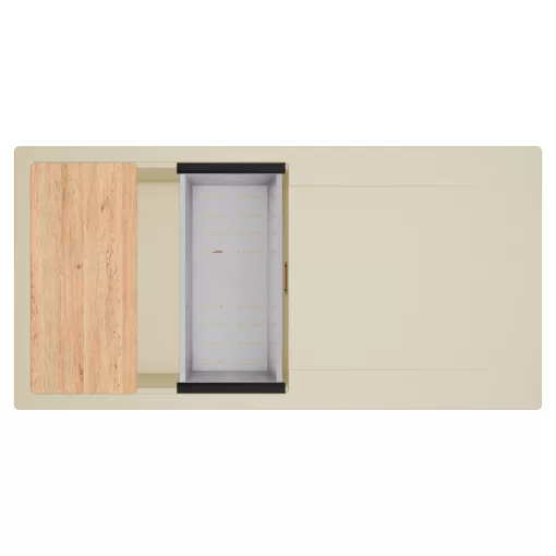 HD Onyx Beige 100 egymedencés gránit mosogatótálca szett, csepegtetőtálcával, vágódeszkával, acél csepegtetőkosárral, soft bézs színben, szálcsiszolt réz leeresztő szifonnal