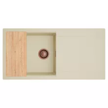 HD Onyx Beige 100 egymedencés gránit mosogatótálca, vágódeszkával, soft bézs színben, szálcsiszolt réz leeresztő szifonnal