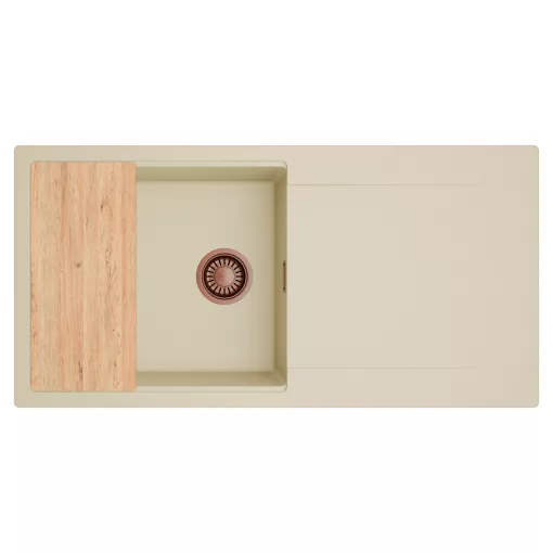 HD Onyx Beige 100 egymedencés gránit mosogatótálca, vágódeszkával, soft bézs színben, szálcsiszolt réz leeresztő szifonnal