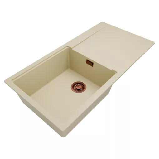 HD Onyx Beige 100 egymedencés gránit mosogatótálca, vágódeszkával, soft bézs színben, szálcsiszolt réz leeresztő szifonnal