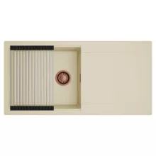 HD Onyx Beige 100 egymedencés mosogatótálca szett, acél csepegtetőráccsal, csepegtetőtálcával, soft bézs színben, szálcsiszolt réz leeresztő szifonnal