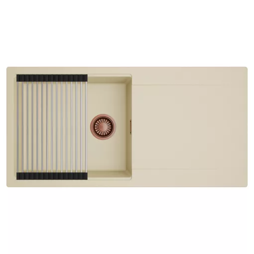 HD Onyx Beige 100 egymedencés mosogatótálca szett, acél csepegtetőráccsal, csepegtetőtálcával, soft bézs színben, szálcsiszolt réz leeresztő szifonnal