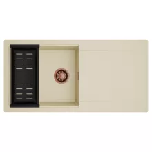 HD Onyx Beige 100 egymedencés mosogatótálca szett, matt fekete csepegtetőkosárral, csepegtetőtálcával, soft bézs színben, szálcsiszolt réz leeresztő szifonnal