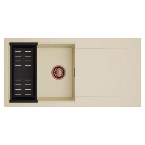 HD Onyx Beige 100 egymedencés mosogatótálca szett, matt fekete csepegtetőkosárral, csepegtetőtálcával, soft bézs színben, szálcsiszolt réz leeresztő szifonnal