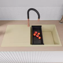 HD Onyx Beige 100 egymedencés mosogatótálca szett, matt fekete csepegtetőkosárral, csepegtetőtálcával, soft bézs színben, szálcsiszolt réz leeresztő szifonnal