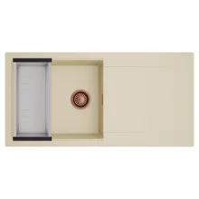 HD Onyx Beige 100 egymedencés mosogatótálca szett, acél csepegtetőkosárral, csepegtetőtálcával, soft bézs színben, szálcsiszolt réz leeresztő szifonnal