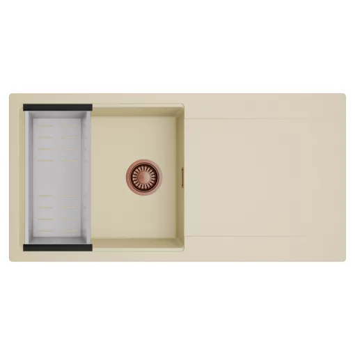 HD Onyx Beige 100 egymedencés mosogatótálca szett, acél csepegtetőkosárral, csepegtetőtálcával, soft bézs színben, szálcsiszolt réz leeresztő szifonnal