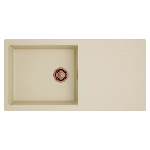 HD Onyx Beige 100 egymedencés mosogatótálca, csepegtetőtálcával, soft bézs színben, szálcsiszolt réz leeresztő szifonnal