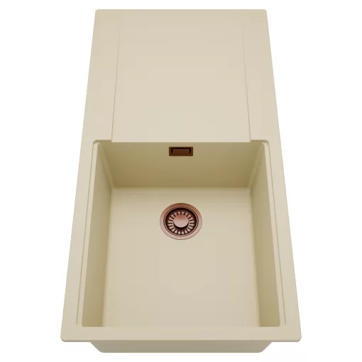 HD Onyx Beige 100 egymedencés mosogatótálca, csepegtetőtálcával, soft bézs színben, szálcsiszolt réz leeresztő szifonnal