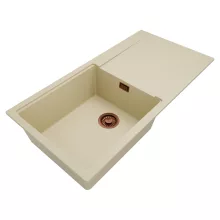 HD Onyx Beige 100 egymedencés mosogatótálca, csepegtetőtálcával, soft bézs színben, szálcsiszolt réz leeresztő szifonnal