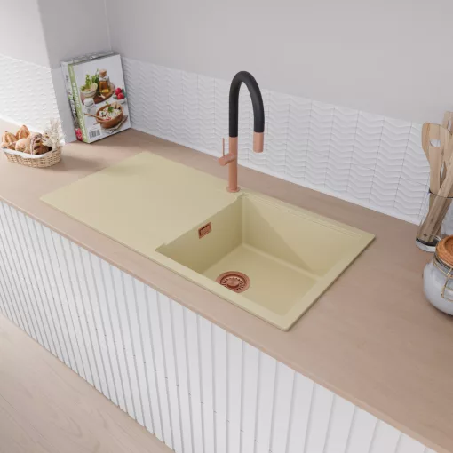 HD Onyx Beige 100 egymedencés mosogatótálca, csepegtetőtálcával, soft bézs színben, szálcsiszolt réz leeresztő szifonnal