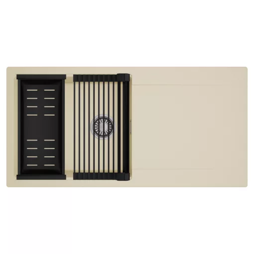 HD Onyx Beige 100 egymedencés mosogatótálca szett, matt fekete csepegtetőráccsal és kosárral, csepegtetőtálcával, soft bézs színben