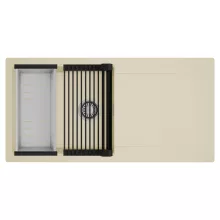 HD Onyx Beige 100 egymedencés mosogatótálca szett, matt fekete csepegtetőráccsal és krómozott kosárral, csepegtetőtálcával, soft bézs színben