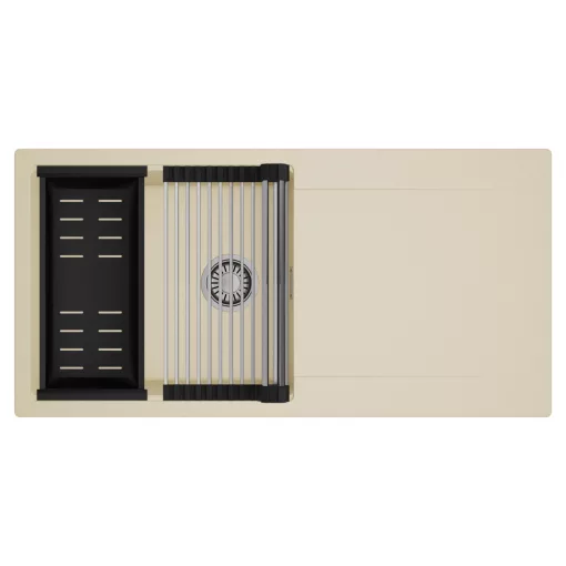 HD Onyx Beige 100 egymedencés mosogatótálca szett, acél csepegtetőráccsal és matt fekete kosárral, csepegtetőtálcával, soft bézs színben