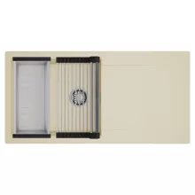 HD Onyx Beige 100 egymedencés mosogatótálca szett, acél csepegtetőráccsal és kosárral, csepegtetőtálcával, soft bézs színben