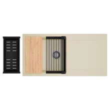 HD Onyx Beige 100 egymedencés gránit mosogatótálca szett, csepegtetőtálcával, vágódeszkával, matt fekete csepegtetőráccsal és kosárral, soft bézs színben