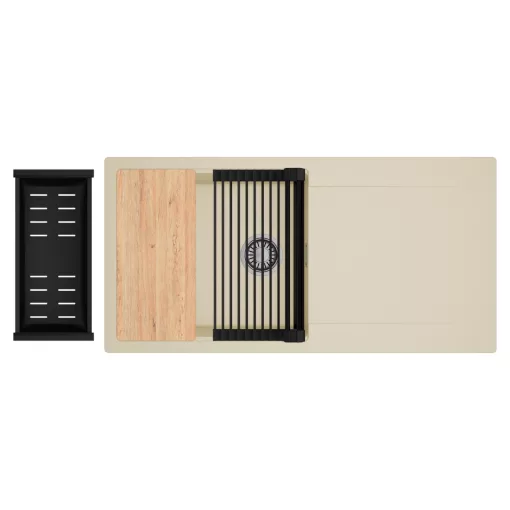 HD Onyx Beige 100 egymedencés gránit mosogatótálca szett, csepegtetőtálcával, vágódeszkával, matt fekete csepegtetőráccsal és kosárral, soft bézs színben