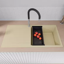 HD Onyx Beige 100 egymedencés gránit mosogatótálca szett, csepegtetőtálcával, vágódeszkával, matt fekete csepegtetőráccsal és kosárral, soft bézs színben