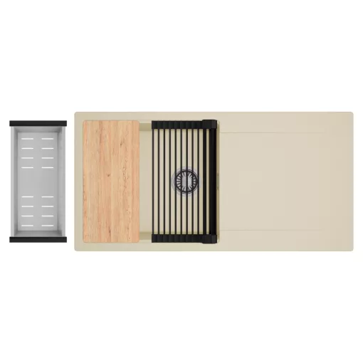 HD Onyx Beige 100 egymedencés gránit mosogatótálca szett, csepegtetőtálcával, vágódeszkával, matt fekete csepegtetőráccsal és krómozott kosárral, soft bézs színben