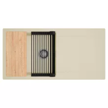 HD Onyx Beige 100 egymedencés gránit mosogatótálca szett, csepegtetőtálcával, vágódeszkával, matt fekete csepegtetőráccsal, soft bézs színben