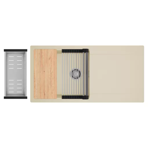 HD Onyx Beige 100 egymedencés gránit mosogatótálca szett, csepegtetőtálcával, vágódeszkával, acél csepegtetőráccsal és kosárral, soft bézs színben