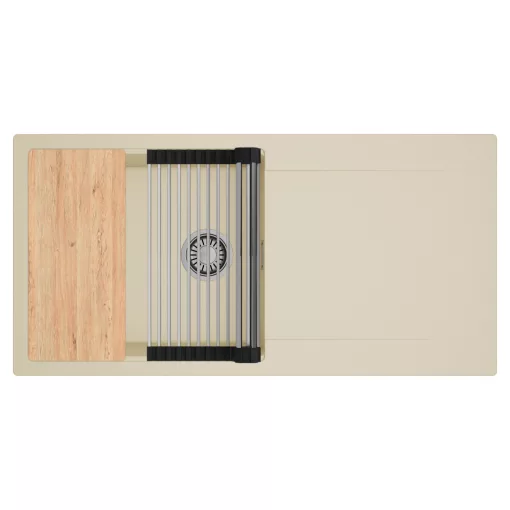 HD Onyx Beige 100 egymedencés gránit mosogatótálca szett, csepegtetőtálcával, vágódeszkával, acél csepegtetőráccsal, soft bézs színben