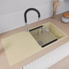 HD Onyx Beige 100 egymedencés gránit mosogatótálca szett, csepegtetőtálcával, vágódeszkával, acél csepegtetőráccsal, soft bézs színben