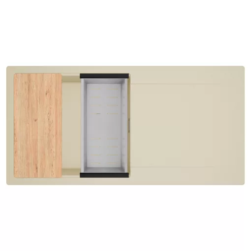 HD Onyx Beige 100 egymedencés gránit mosogatótálca szett, csepegtetőtálcával, vágódeszkával, acél csepegtetőkosárral, soft bézs színben