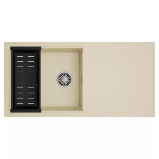 HD Onyx Beige 100 egymedencés mosogatótálca szett, matt fekete csepegtetőkosárral, csepegtetőtálcával, soft bézs színben