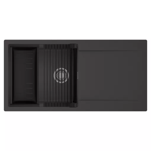 HD Onyx Antracit 100 egymedencés mosogatótálca szett, matt fekete csepegtetőráccsal és kosárral, csepegtetőtálcával, matt antracit színben, szálcsiszolt króm leeresztő szifonnal