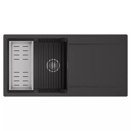 HD Onyx Antracit 100 egymedencés mosogatótálca szett, matt fekete csepegtetőráccsal és krómozott kosárral, csepegtetőtálcával, matt antracit színben, szálcsiszolt króm leeresztő szifonnal