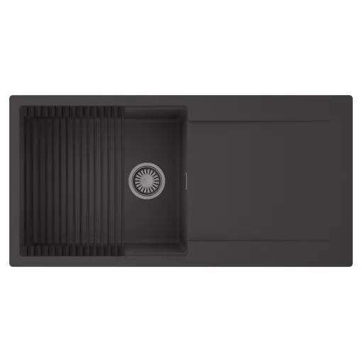 HD Onyx Antracit 100 egymedencés mosogatótálca szett, matt fekete csepegtetőráccsal, csepegtetőtálcával, matt antracit színben, szálcsiszolt króm leeresztő szifonnal