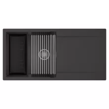 HD Onyx Antracit 100 egymedencés mosogatótálca szett, acél csepegtetőráccsal és matt fekete kosárral, csepegtetőtálcával, matt antracit színben, szálcsiszolt króm leeresztő szifonnal