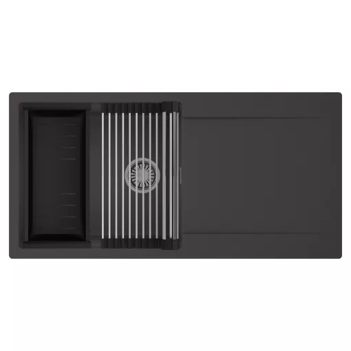 HD Onyx Antracit 100 egymedencés mosogatótálca szett, acél csepegtetőráccsal és matt fekete kosárral, csepegtetőtálcával, matt antracit színben, szálcsiszolt króm leeresztő szifonnal