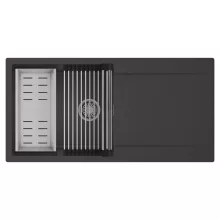 HD Onyx Antracit 100 egymedencés mosogatótálca szett, acél csepegtetőráccsal és kosárral, csepegtetőtálcával, matt antracit színben, szálcsiszolt króm leeresztő szifonnal