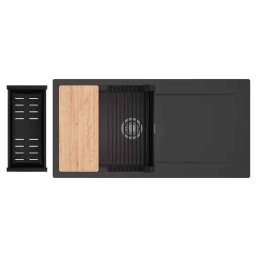HD Onyx Antracit 100 egymedencés gránit mosogatótálca szett, csepegtetőtálcával, vágódeszkával, matt fekete csepegtetőráccsal és kosárral, matt antracit színben, szálcsiszolt króm leeresztő szifonnal